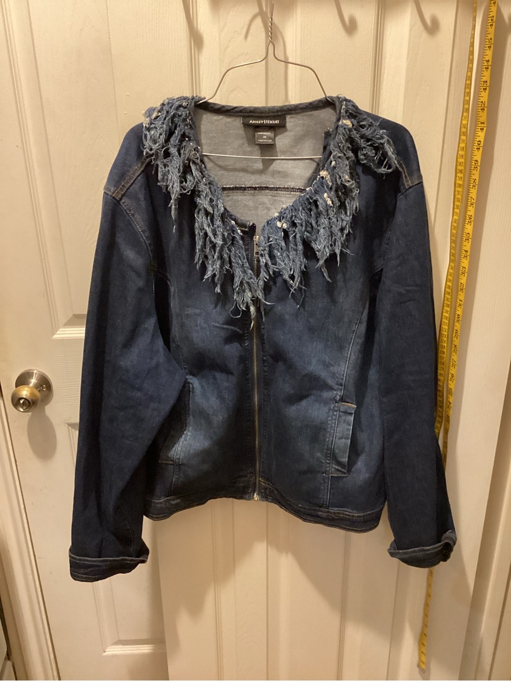 Ashley Stewart Blue Denim Zip Jacket with Fringed Collar